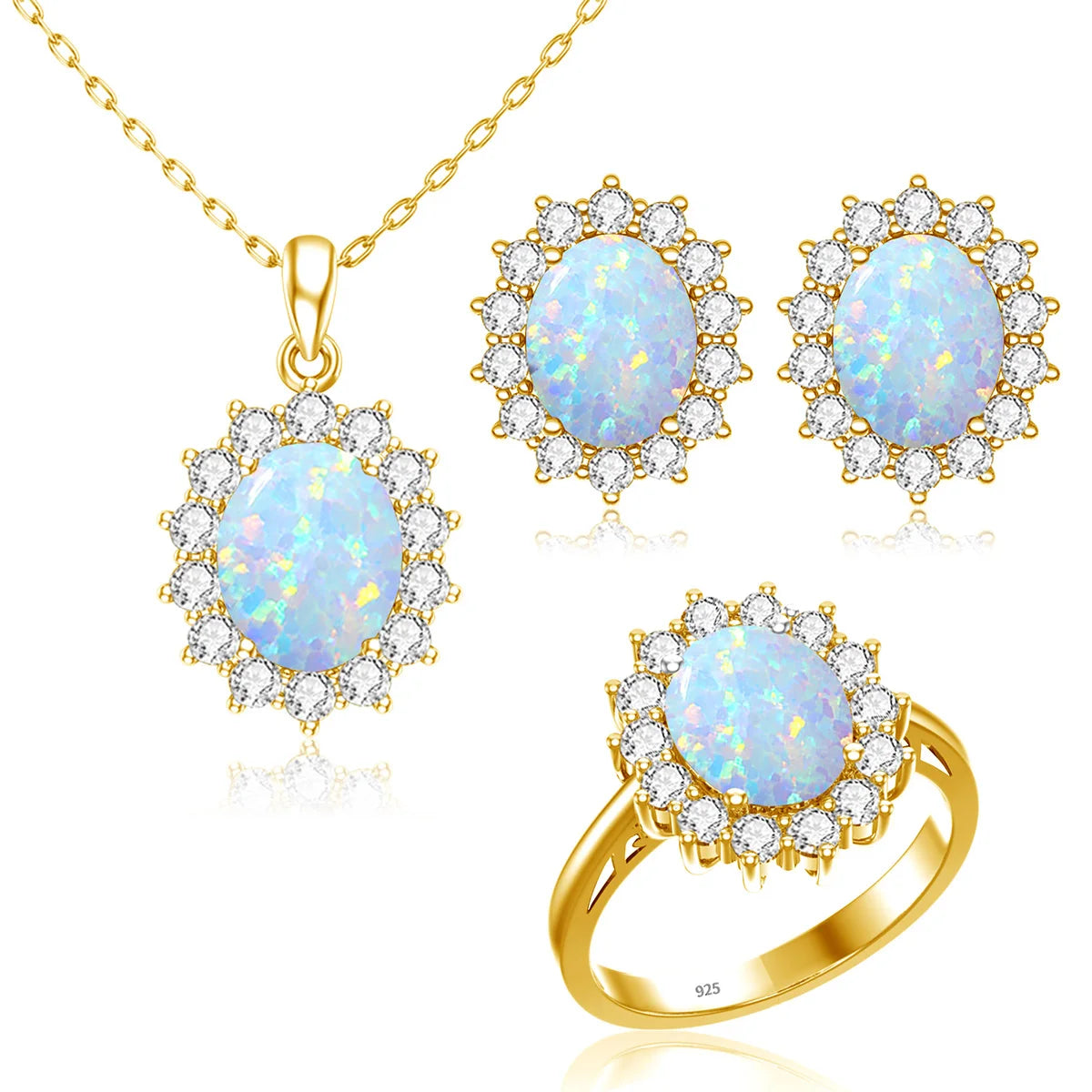 ArtistA 18K Gold Plated Opal Jewelry Sets Classic Princess Diana Style Ring Stud Necklace Wedding Silver Jewelry Set