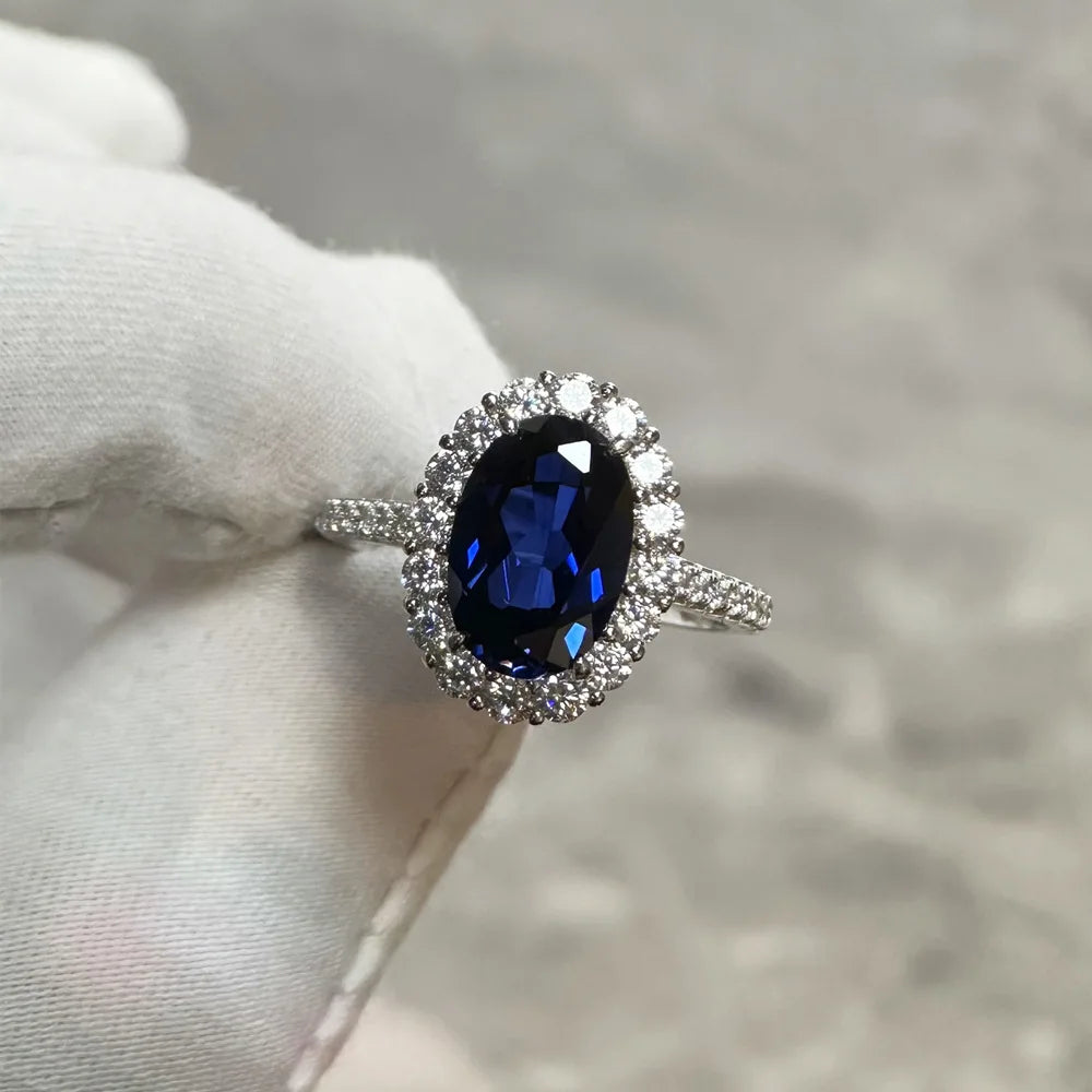MuShan Jewelry Factory 4.4 Carat European and American Classic Artificial Sapphire 8 * 12 Oval 925 Sterling Silver Ring