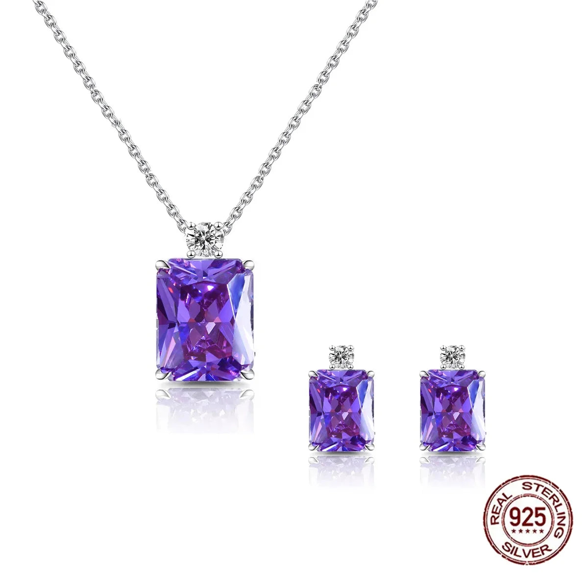 Sterling Silver Purple CZ Baguette Pendant Necklace & Earrings Set Rhodium Plated Bridal Party Gift for Women & Girls