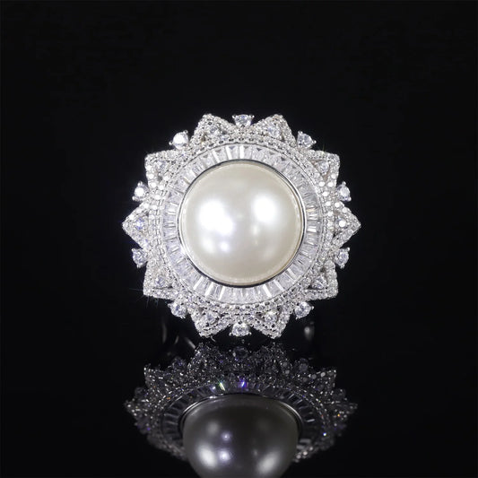 Gemfiori Abiding Antique Deluxe Elegant Big Round 16MM White Shell Pearl Ring Imitation Pearl Jewelry 925 Silver Multi Halo Women Ring