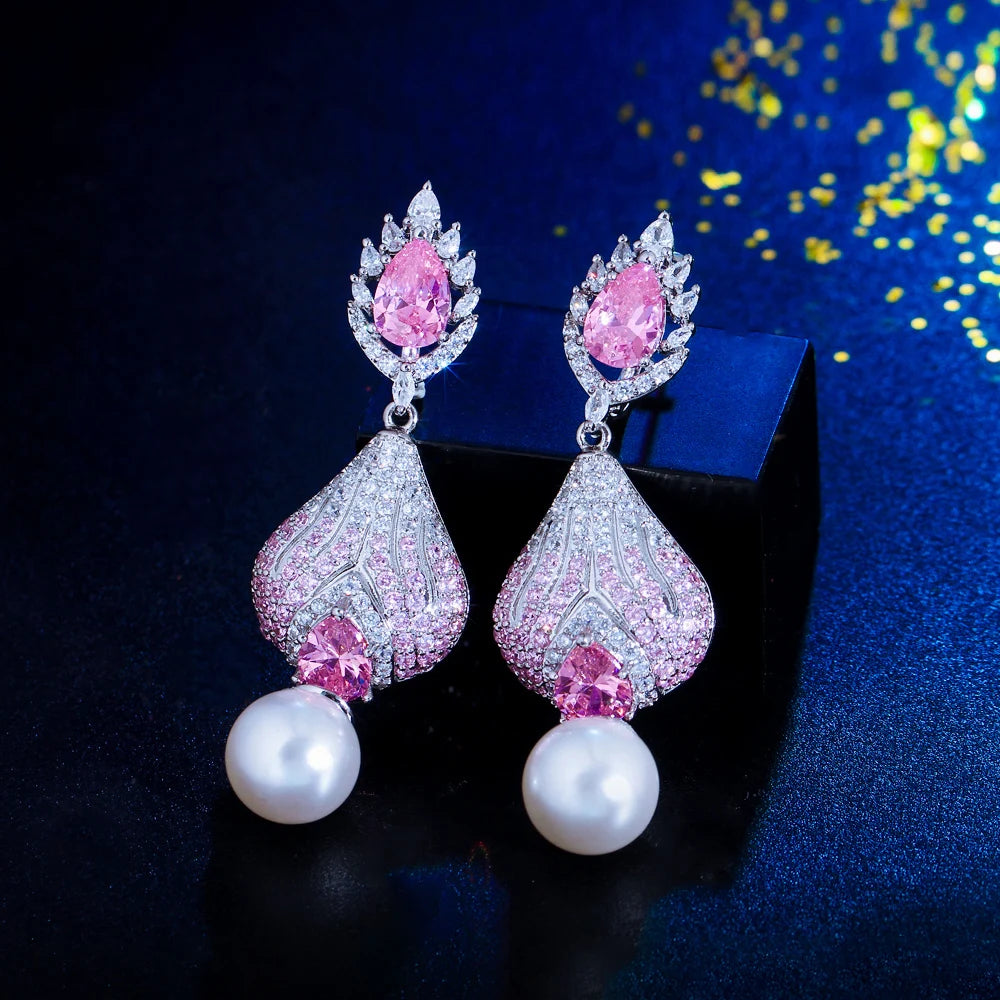 S&S Pink CZ Pavé Pearl Huggie Drop Earrings – Pear Cut – Rhodium Plated – Collection