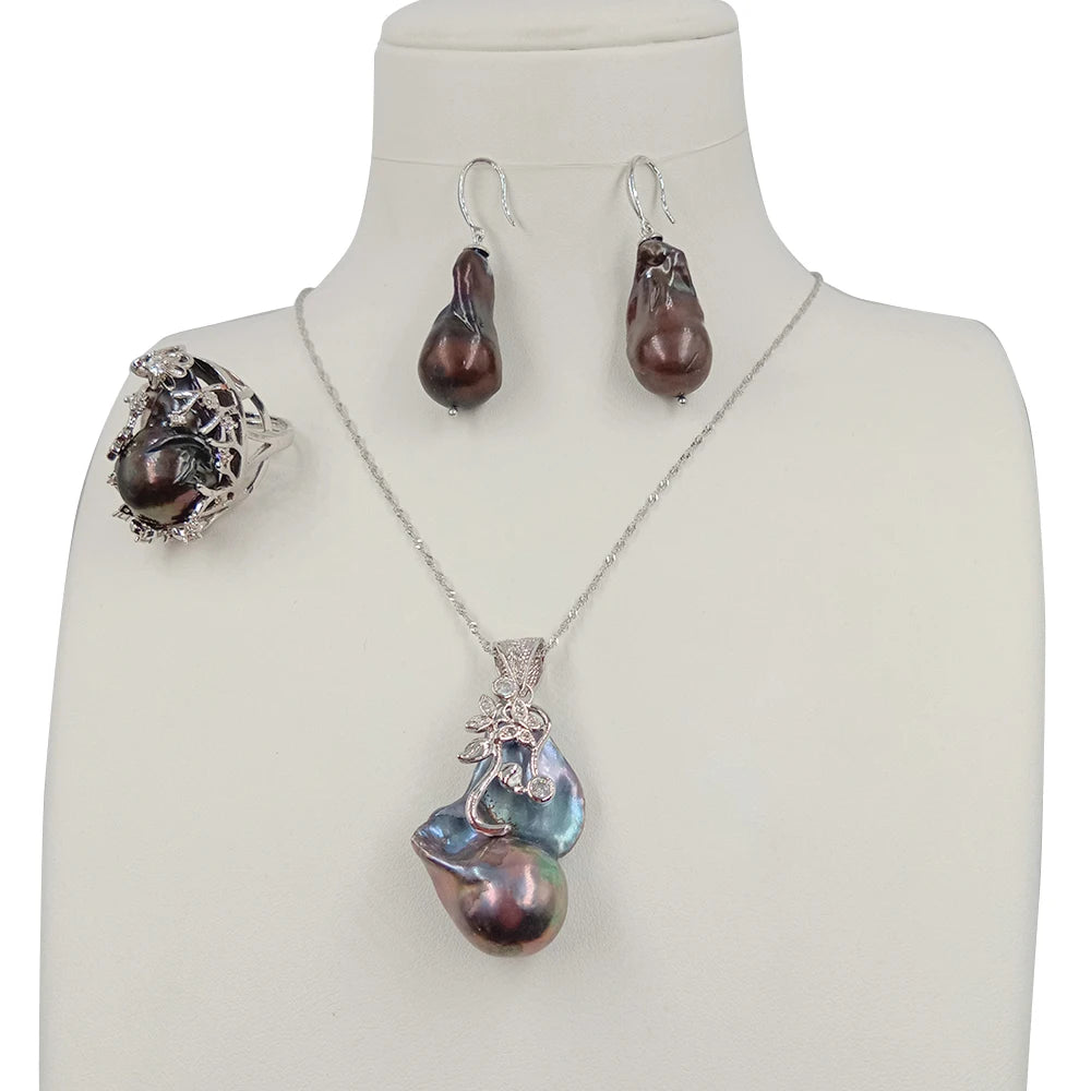 Fashion Choker 925 SILVER Jewelry Set ,100% Big Black Baroque Freshwater Pearl