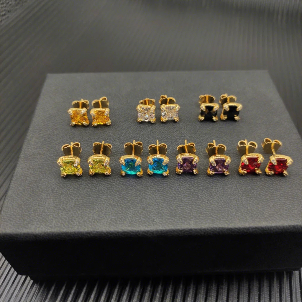 Gemfiori DY High-Quality Silver-Plated 8mm Four-Prong Diamond Earrings. Gold-Plated 8mm Colored Gemstone Earrings. Jewelry.