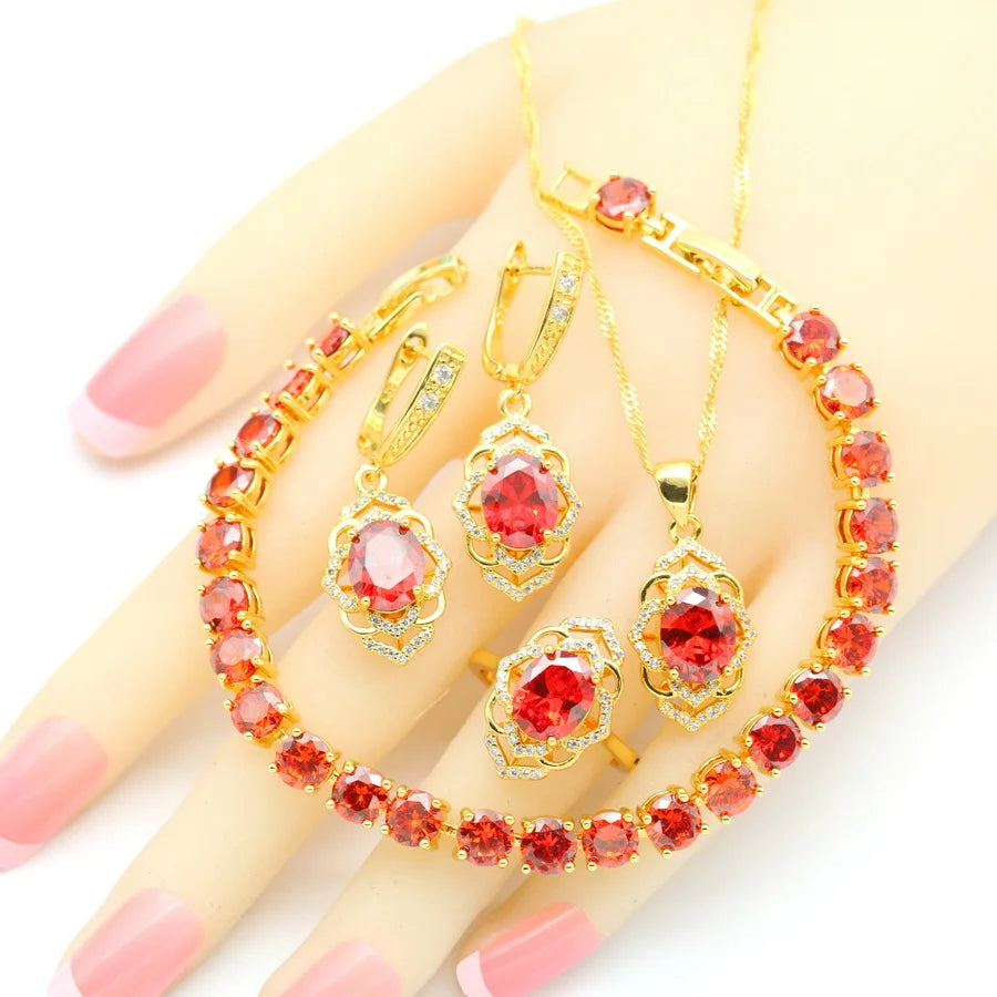 XOTICA 2023 New Band Green Cubic Zirconia Jewellery Sets for Women With Bracelet Earrings Open Ring Pendent Necklace Set