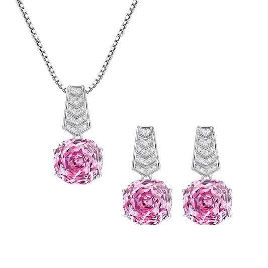 S925 Sterling Silver Pendant Necklace and Earrings Hypoallergenic Rose-Cut Cubic Zirconia V-Shaped Ladder Design Jewelry Set