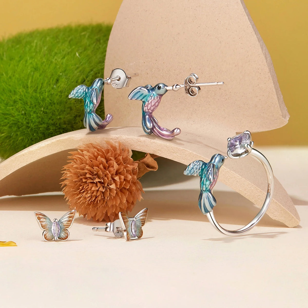 S&S 925 Silver Nature Earring & Ring Set – Butterfly, Cherry Blossom & Kingfisher – Platinum Plated – Collection