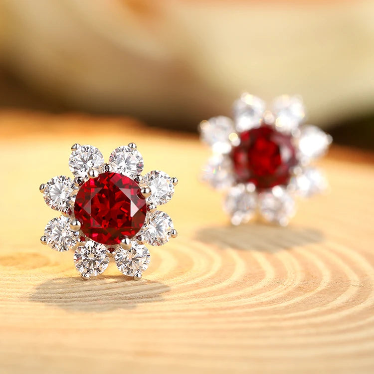 Gemfiori ANSTER Fashion Fine Jewelry 925 Sterling Silver Red Corundum Stone Flower Stud Earrings