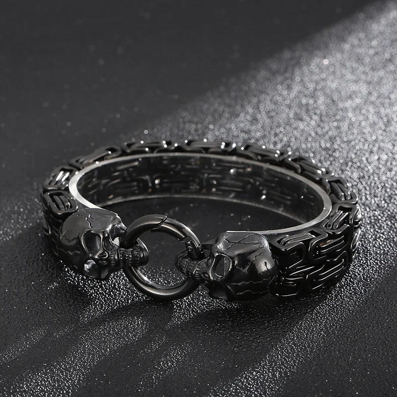 KALEN Mens 230mm Punk Stainless Steel Skull Charm Byzantine Link Bracelet