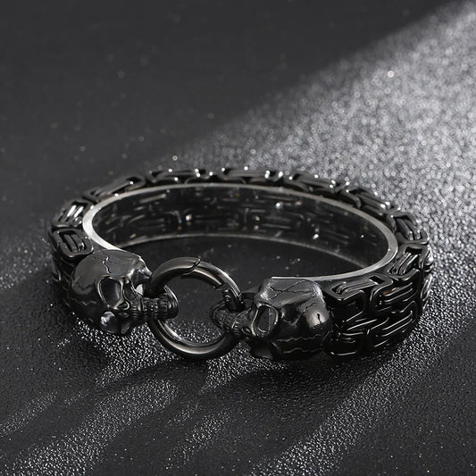KALEN Mens 230mm Punk Stainless Steel Skull Charm Byzantine Link Bracelet