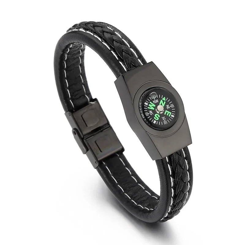 REBEL 210mm Unisex Trendy Ultrafiber Bracelet With Silver/Gold/Black Stainless Steel Compass