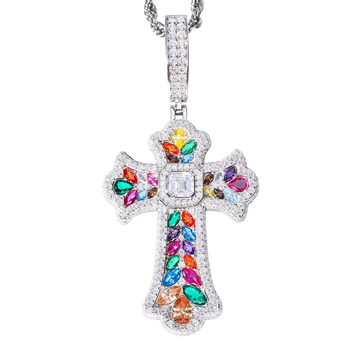 REBEL High Quality Multi Color Gemstone Iris Cross Pendant White Gold Plated Brass AAAAA CZ Diamond Iced Out Cross Charm Necklace