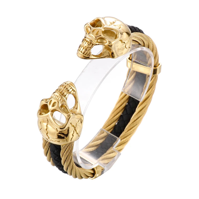 REBEL Punk Silver/Gold/Black/Grey Stainless Steel&Double Skin Skull Cuff Bangle Bracelet