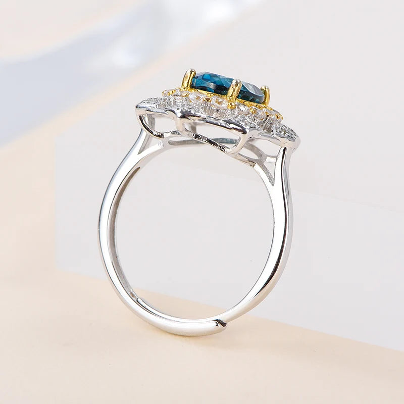 Gioiellieri High Quality 92.5% Sterling Silver Gold Plated Women's Luxury Classic Ring Natural London Blue Topaz Gemstone Oval Cut Party