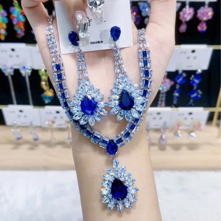 K057 Top Quality Trendy Luxury Classic Water Drop Blue Zircon Necklace Earrings Set Elegant Women's Jewelry Set
