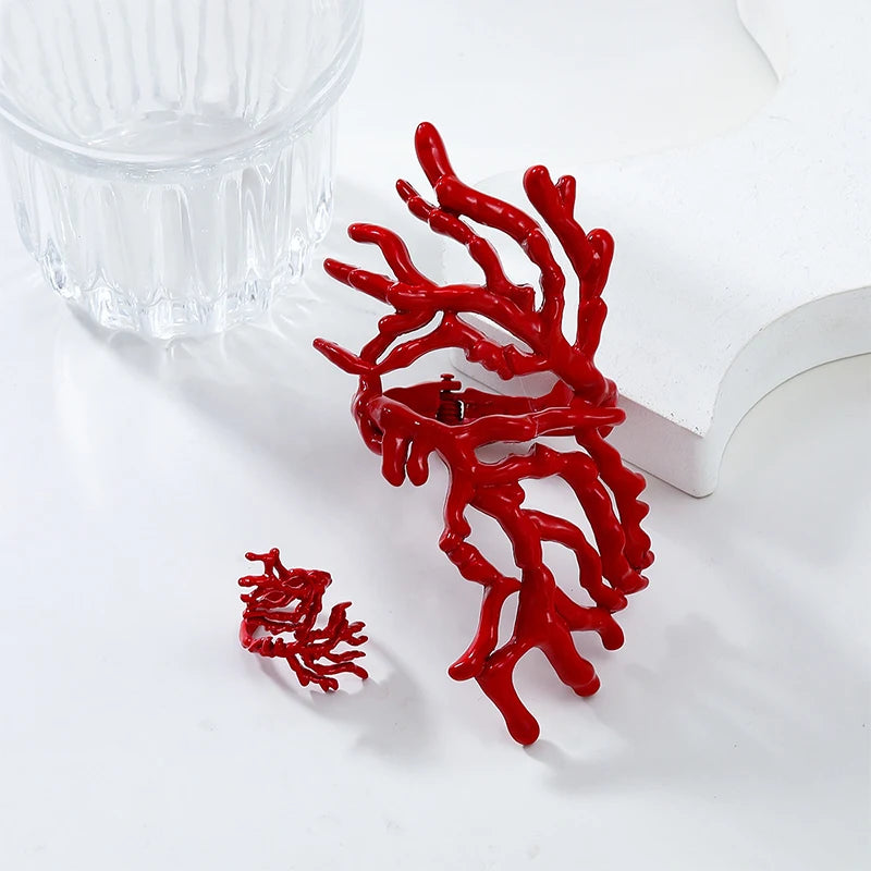 Red Coral Branch Alloy Jewelry Set, Adjustable Bangle & Ring, Bold Hip-hop Statement Pieces for Summer & Beach Parties