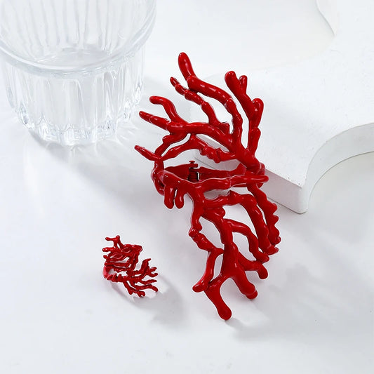 Red Coral Branch Alloy Jewelry Set, Adjustable Bangle & Ring, Bold Hip-hop Statement Pieces for Summer & Beach Parties