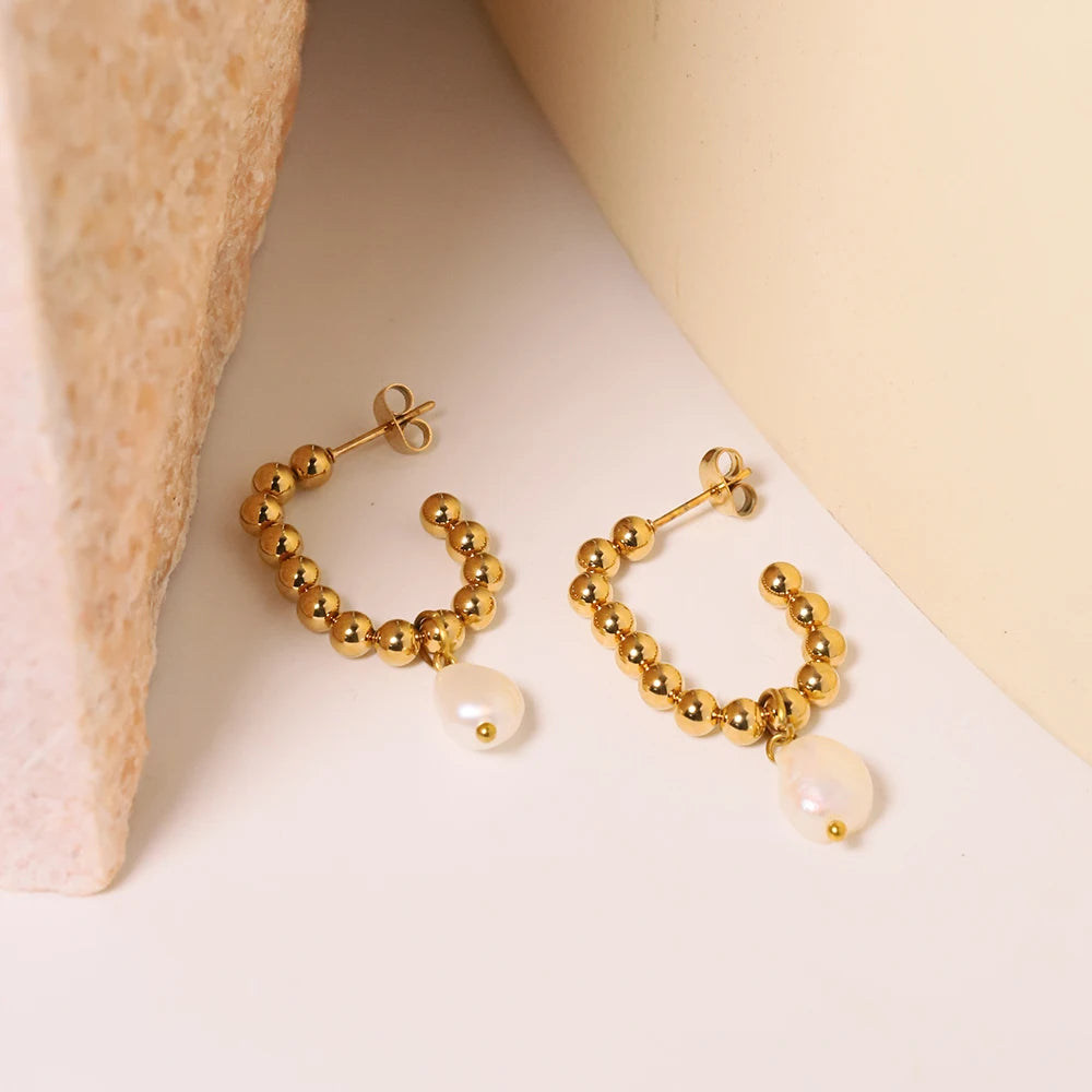 Vintage Stainless Steel Ball J-shaped Earrings 18K Gold Plated Drop Earrings Jewelry Women Exquisite Wedding Gift