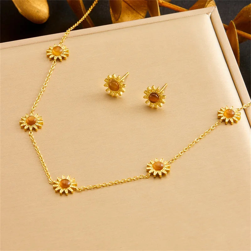 Gold Sunflower Necklace, Earrings & Bracelet Jewellery Set | Joyful Luxury Fashion Set