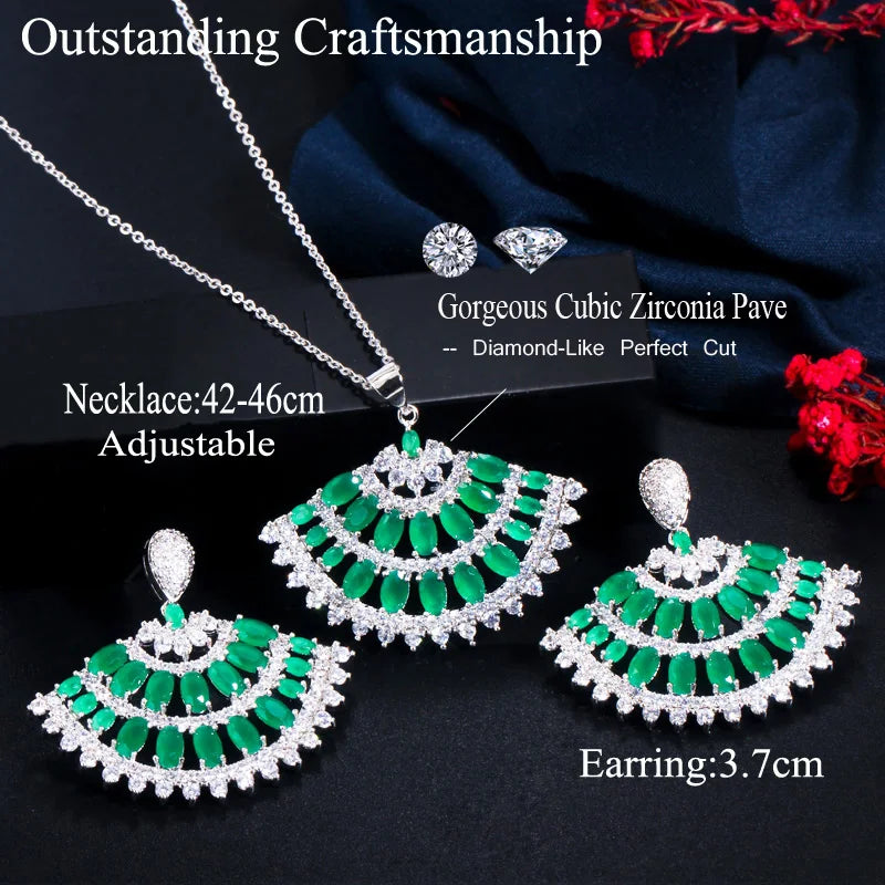 Big Long Dangle Earrings Green Fan Shaped Chain Link Necklace Cubic Zircon Engagement Jewelry Set for Women Costume Accessories
