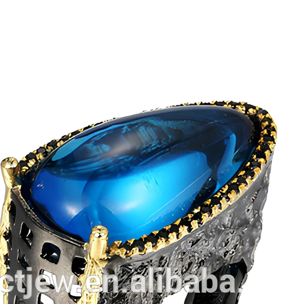 Arab Design Black Gold Plated 925 Sterling Silver Finger Ring with Blue Spinel