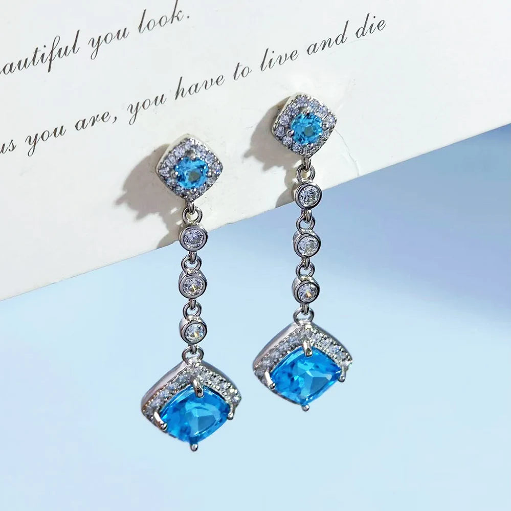 Gioiellieri Natural Blue Topaz Earrings S925 Sterling Silver Dangle Earrings for Women Fine Jewelry Anniversary Gift December Birthstone