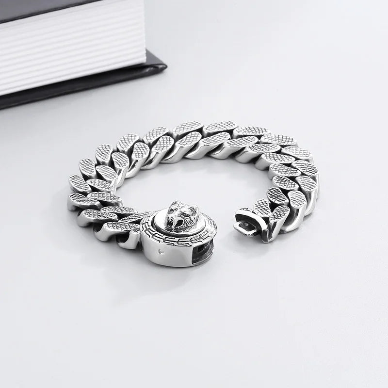 KALEN 220mm Men Punk Stainless Steel Cuban Link Bracelet With Wolf Pattern Round Clasp