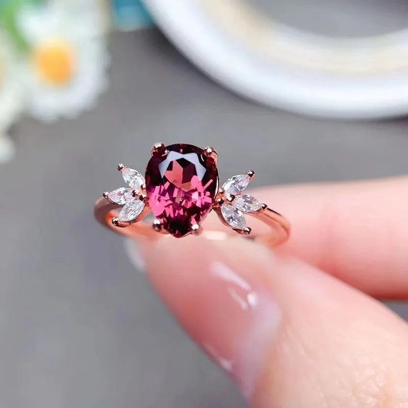Natural Garnet Rhodium Plated 925 Sterling Silver Minimalist Oval Cut Engagement Ring for Weddings and Parties