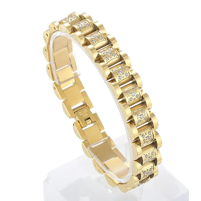 KALEN Men Vintage 210mm Gold/Silver Plated Stainless Steel Rhinestones Watchband Link Bracelets