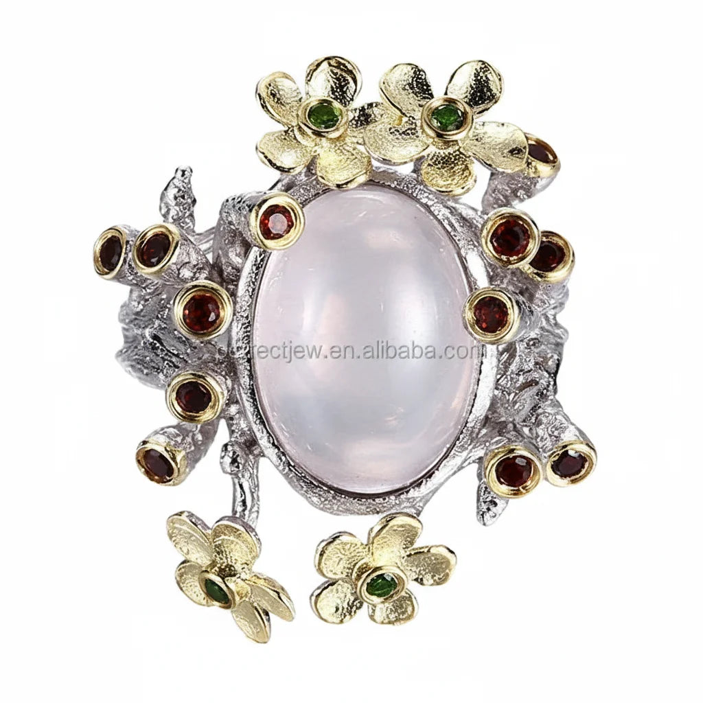 Flower Design Pink Quartz Main Stone 925 Sterling Silver Jewelry Ring for Women