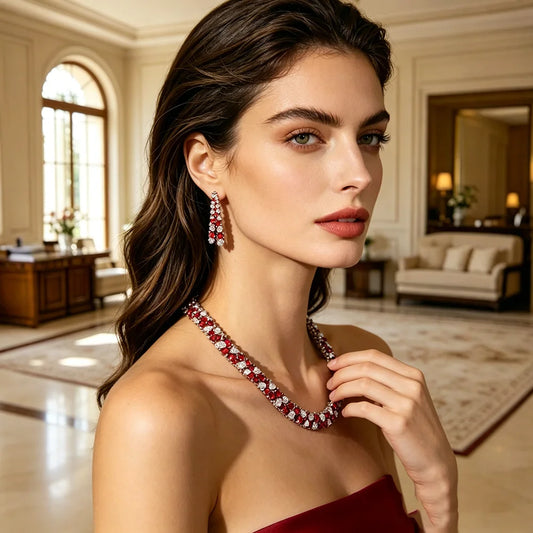 Luxury All-Around Cushion-Cut Zirconia Flower Statement Necklace & Drop Earrings Set — Silver Plated