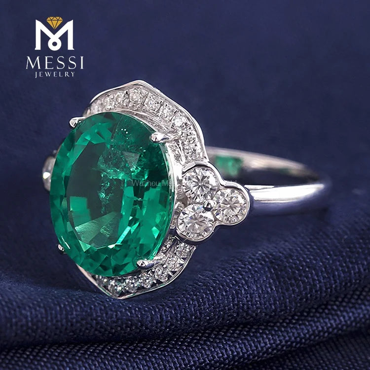 Gemfiori Messi Jewelry Antique Rings Emerald and Moissanite 14k 18k White Gold Jewelry for Woman Engagement Wedding halo Ring