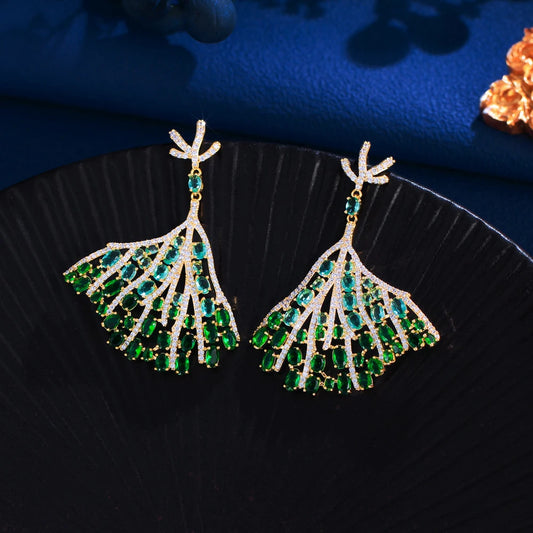 S&S Green CZ Oversized Tree Leaf Dangle Drop Earrings – 18K Gold Plated – Collection