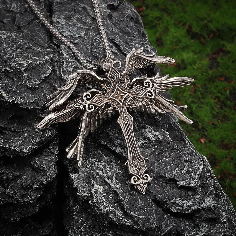 Exaggerated Six Winged Cross Pendant Necklaces for Men Fashionable Jewelry Accessories