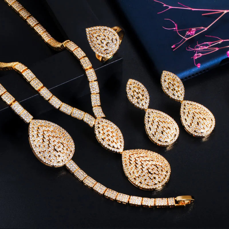 Hollow Design CZ Zircon Party Earring Bracelet Ring Necklace 4pcs Luxury Jewelry Sets African Gold Bridal Costume for Women