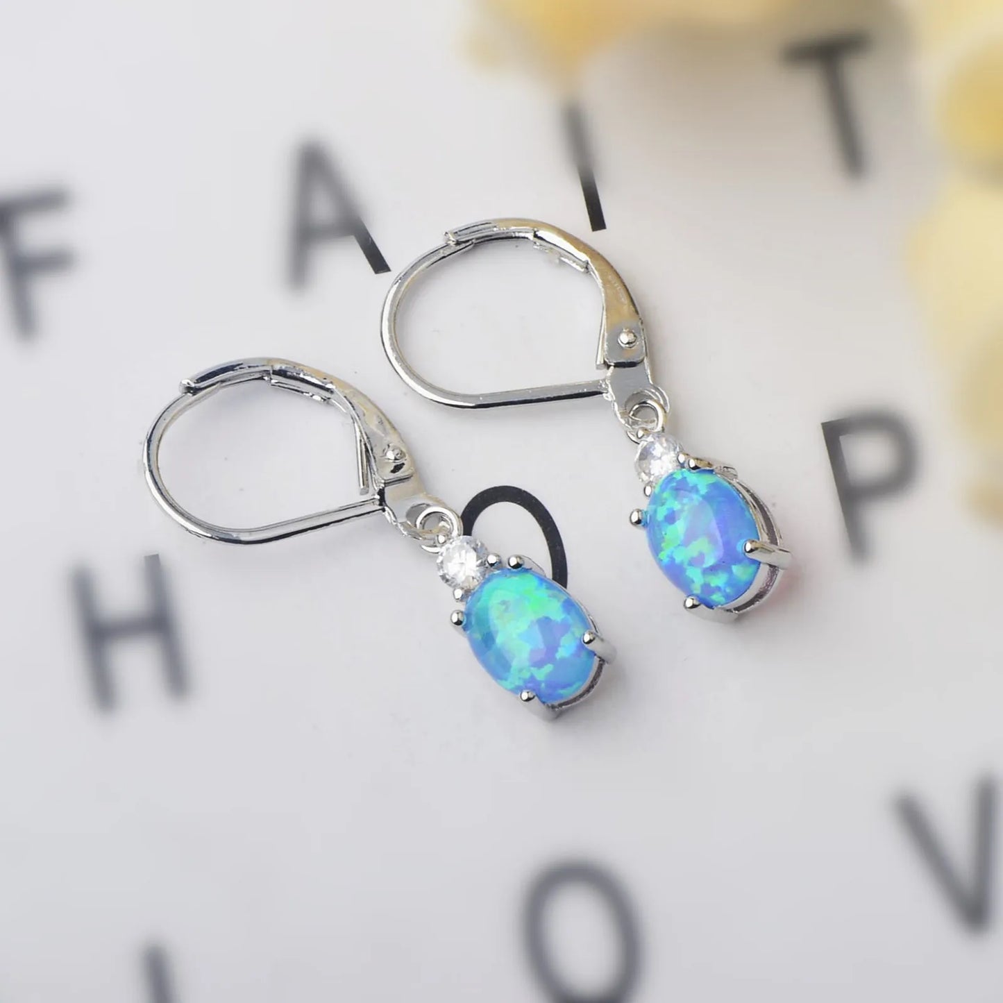 Statement Oval Opal Drop Earrings - Blue Fire Opal Solitaire & CZ Accent Design | Elegant Formal Jewelry Bulk Gifts