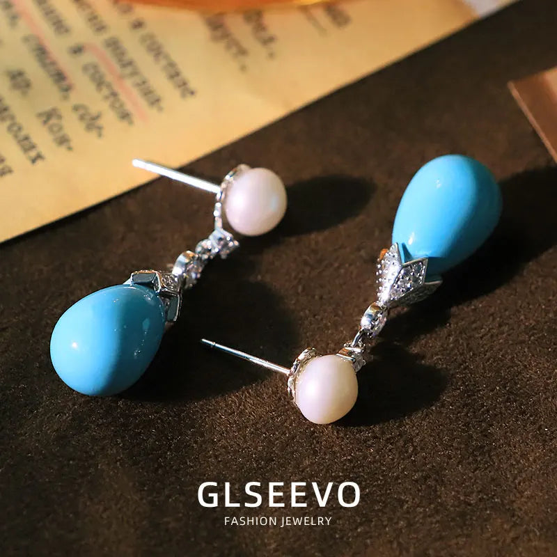 Water Droplet-Shaped Blue Turquoise Zircon Set With Natural Freshwater Pearl Drop Earrings New Design Jewellery  Wome GE1748
