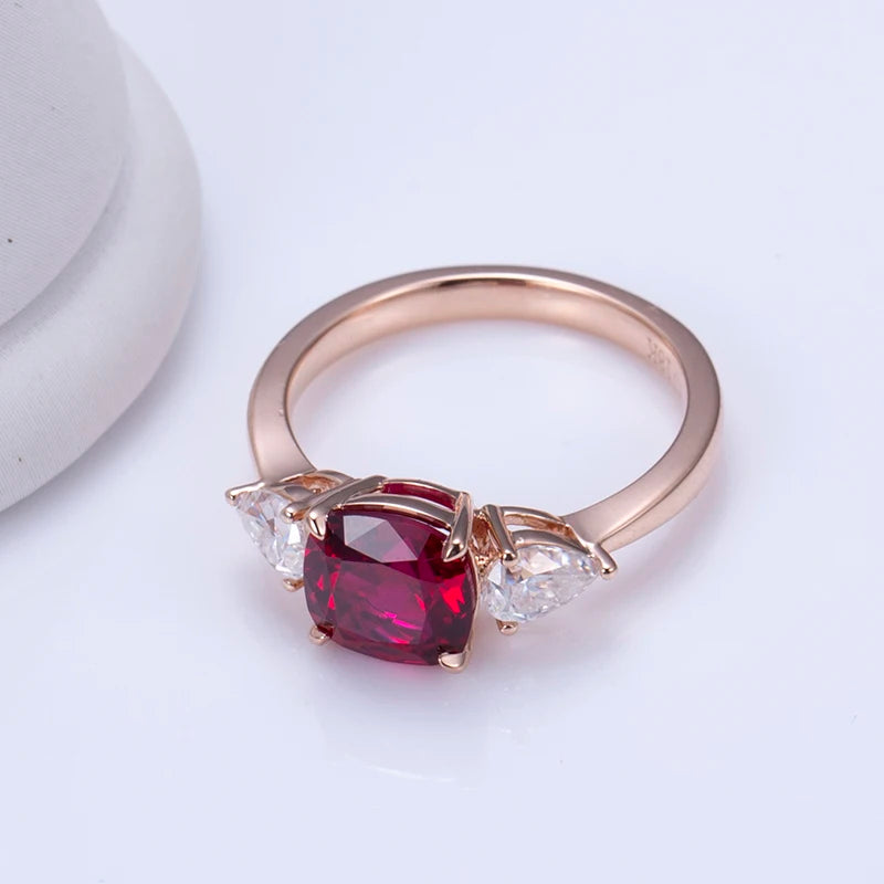 Messi Jewelry MSR-1188 Custom 18K Rose Gold Lab Ruby Three Stone Wedding Ring for Women