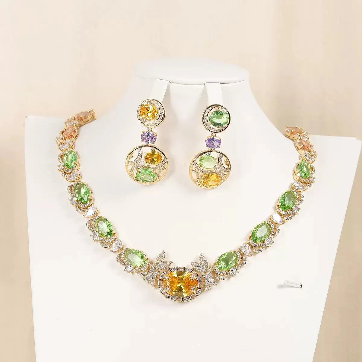 Bella Viva Multi Color Oval Cubic Zirconia Necklace and Earring Sets, 18K Gold Plated Brass, Luxury Wedding Bridal Jewelry