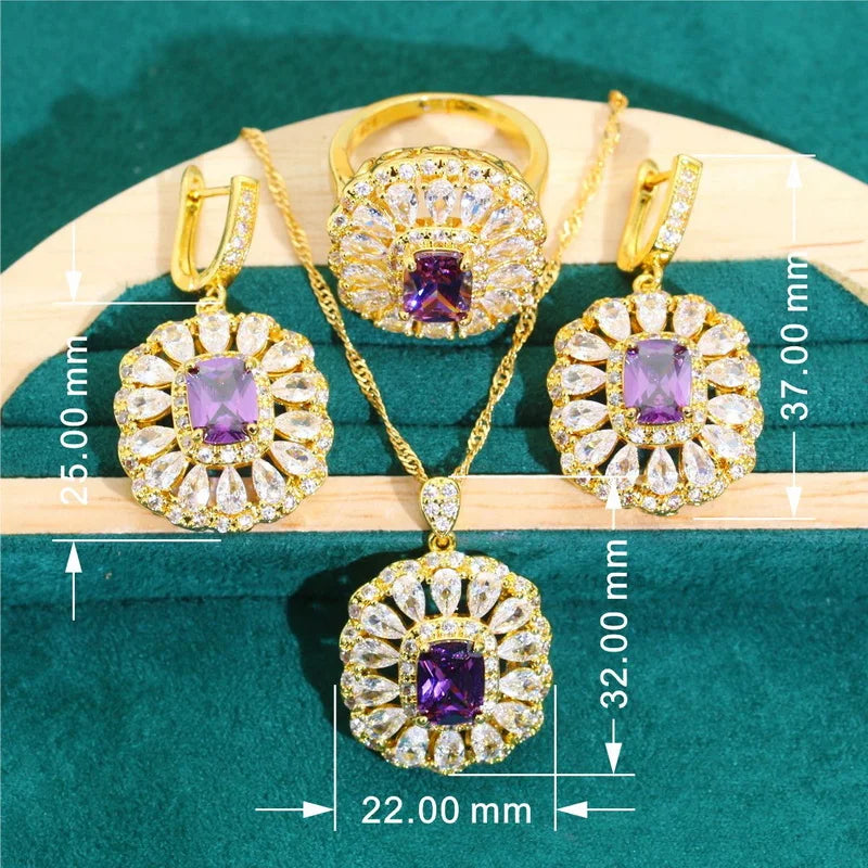 XOTICA Noble Purple Zircon Jewelry Set for Women Gold Color Earrings Necklace Pendant Ring Bracelet for Wedding Party Birthday Gifts