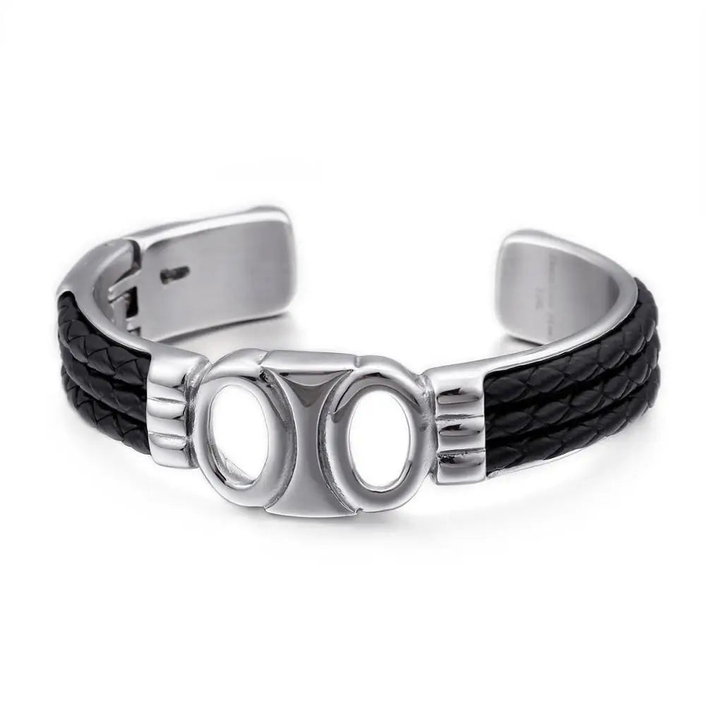 VIKING Mens Trendy Leather & Stainless Steel Cuff Bracelet – Silver