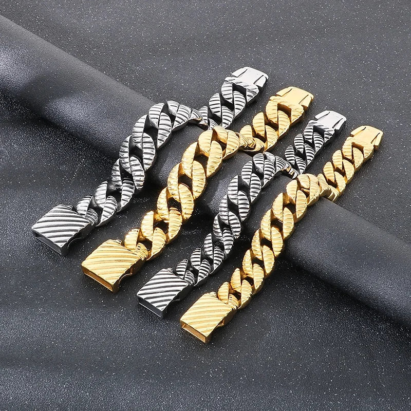 KALEN Vintage Fine Jewelry Fashion Bracelets Men Stainless Steel Striped Cuban Links Bracelet Bangle