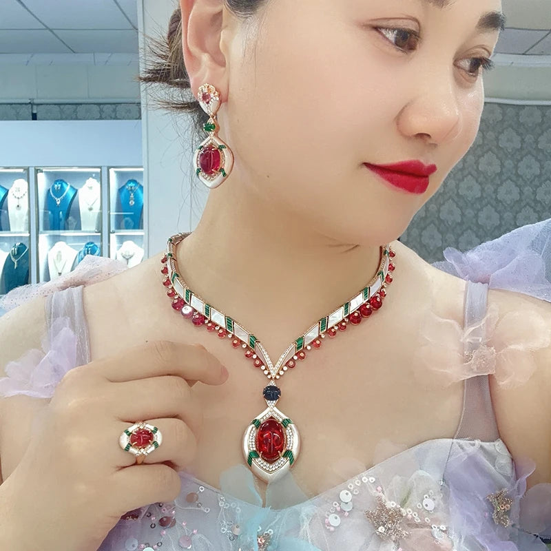 High End Women's Brass Jewelry Sets Inset Malachite Necklace White Zirconia Pearl Earrings Ring Suitable Gifts Parties Weddings