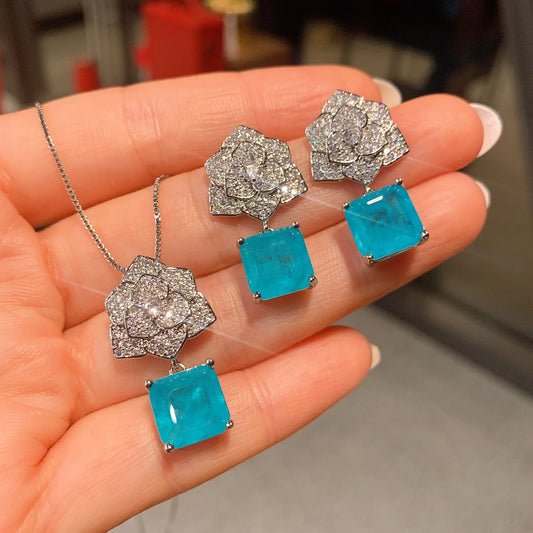 Fashion Eco-friendly Copper Romantic Events Floral Pendant Earrings Set 10*10MM Blue Zircon Flower Jewelry Set for Women