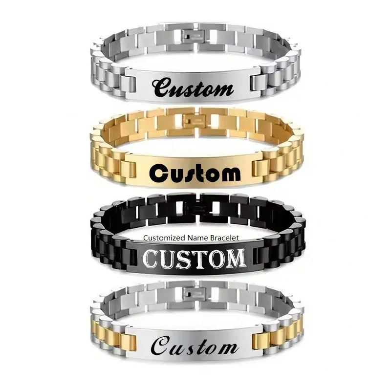 Wholesale Stainless Steel Custom Engraving Name Logo  Watch Band Chain Wristband ID Bracelets for Men