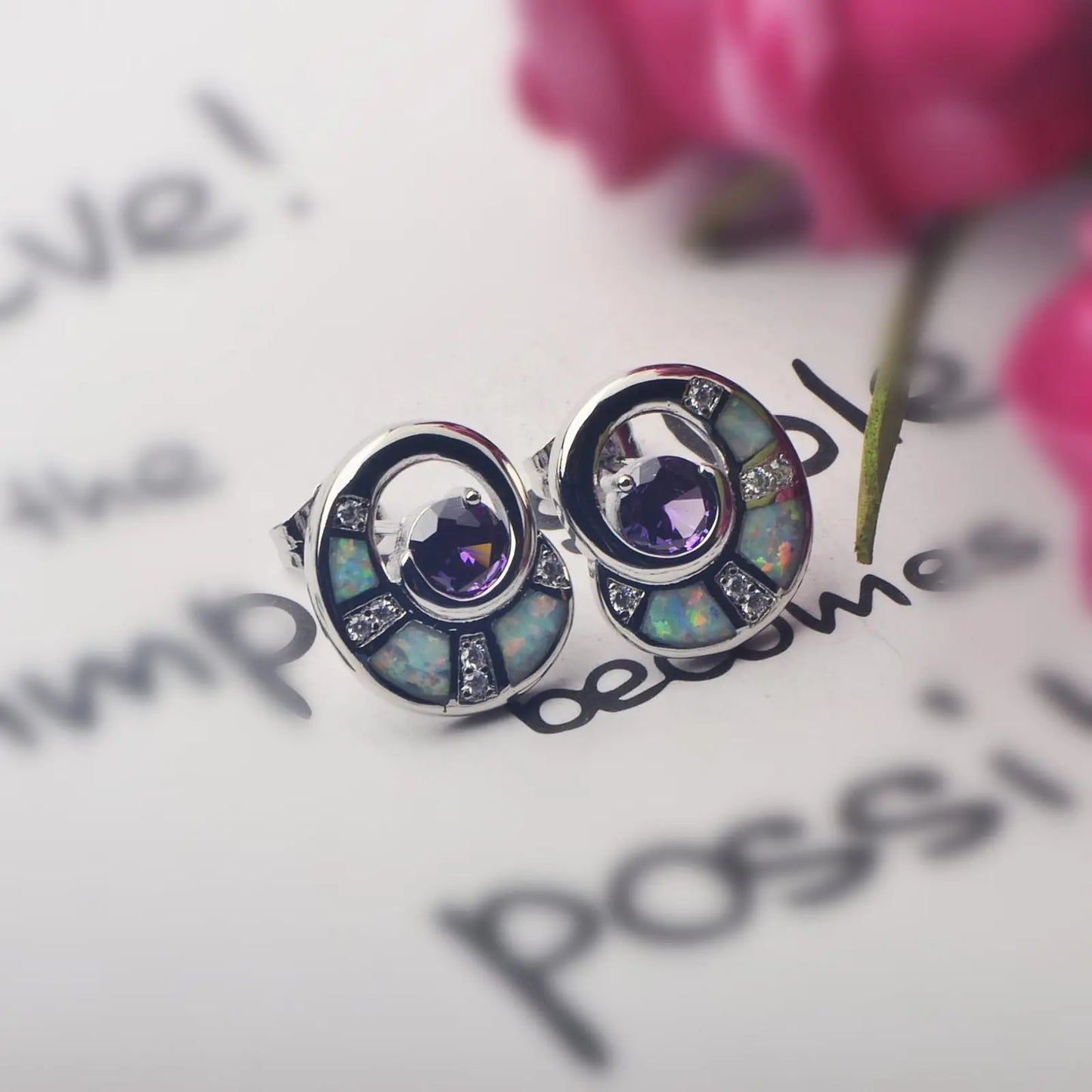 Exquisite Purple Opal Geometric Silver Plated Christian Pendant Earrings Cute Fairy Tale Style Women's Jewelry for Bulk Gift