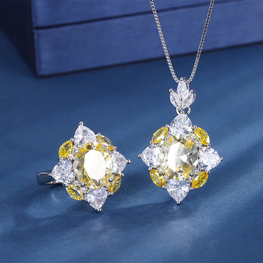 Gemfiori New Style Inlaid Yellow Zircon Pendant Fashionable and High-quality Living Ring Set Birthday Gift