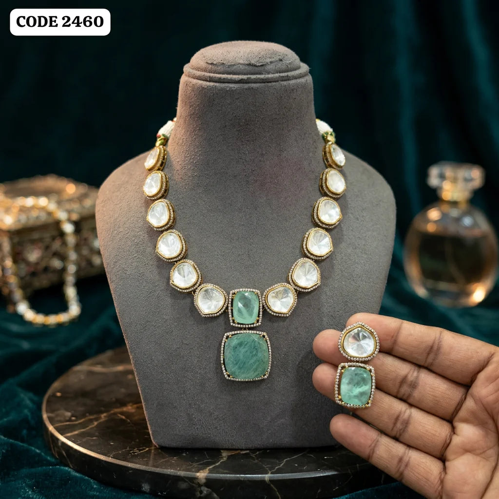 Elegant Mint Green Cushion Cut Pendant Necklace Set Traditional Wedding Jewelry Statement Necklace Premium Designer Set