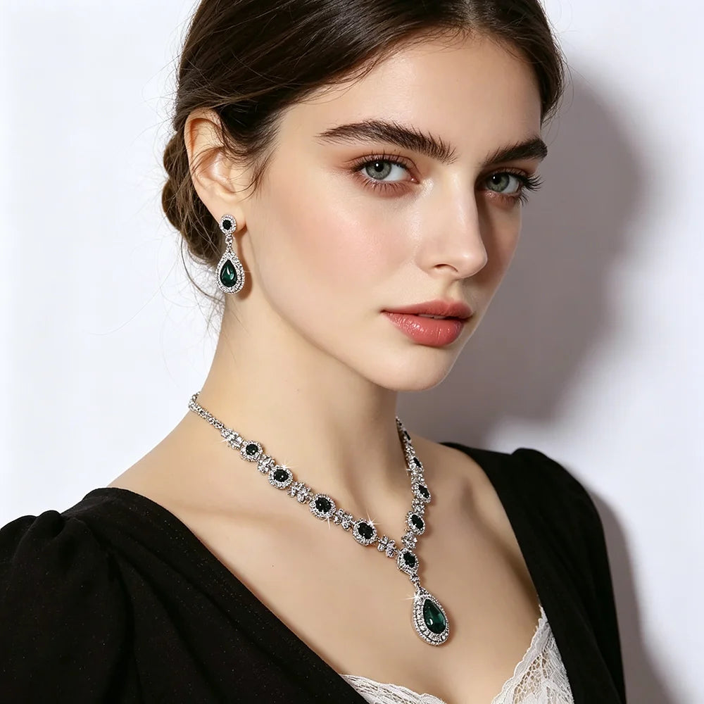 XM S372 Platinum Plated Princess Cut Zircon Floral Teardrop Pendant Necklace & Earrings Bridal Set