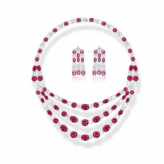 Luxury Red Ruby Zirconia Tennis Choker Necklace & Earrings Set — Rhodium Plated