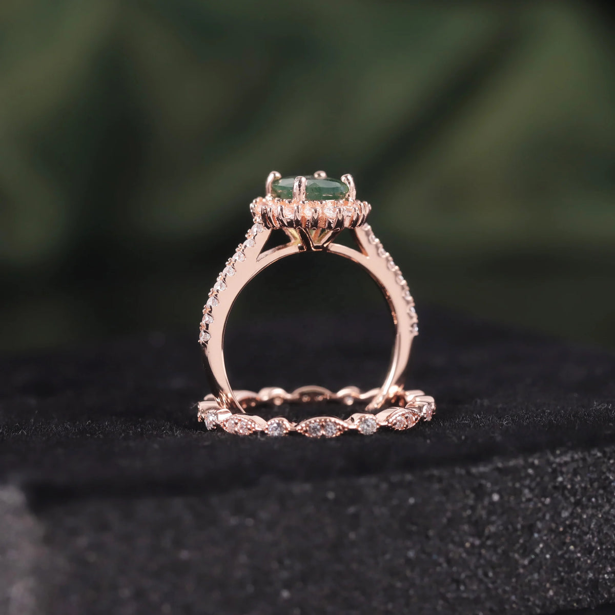 ArtistA Abiding Direct Sale 925 Silver Rose Gold Plated Oval Cut 6x8MM Natural Moss Agate Cz Halo Wedding Ring Set Wedding Band